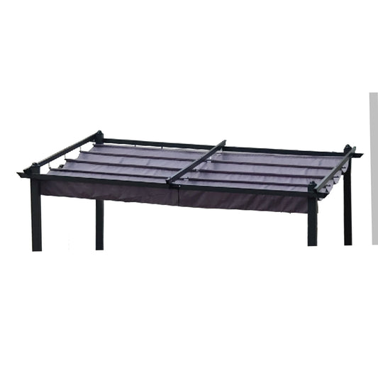 The Replacement Canopy Top Cover Fabric for Outdoor Patio Retractable Pergola Sun-Shelter is shown partially extended over a black metal frame, highlighting its dark canopy material against a white background.