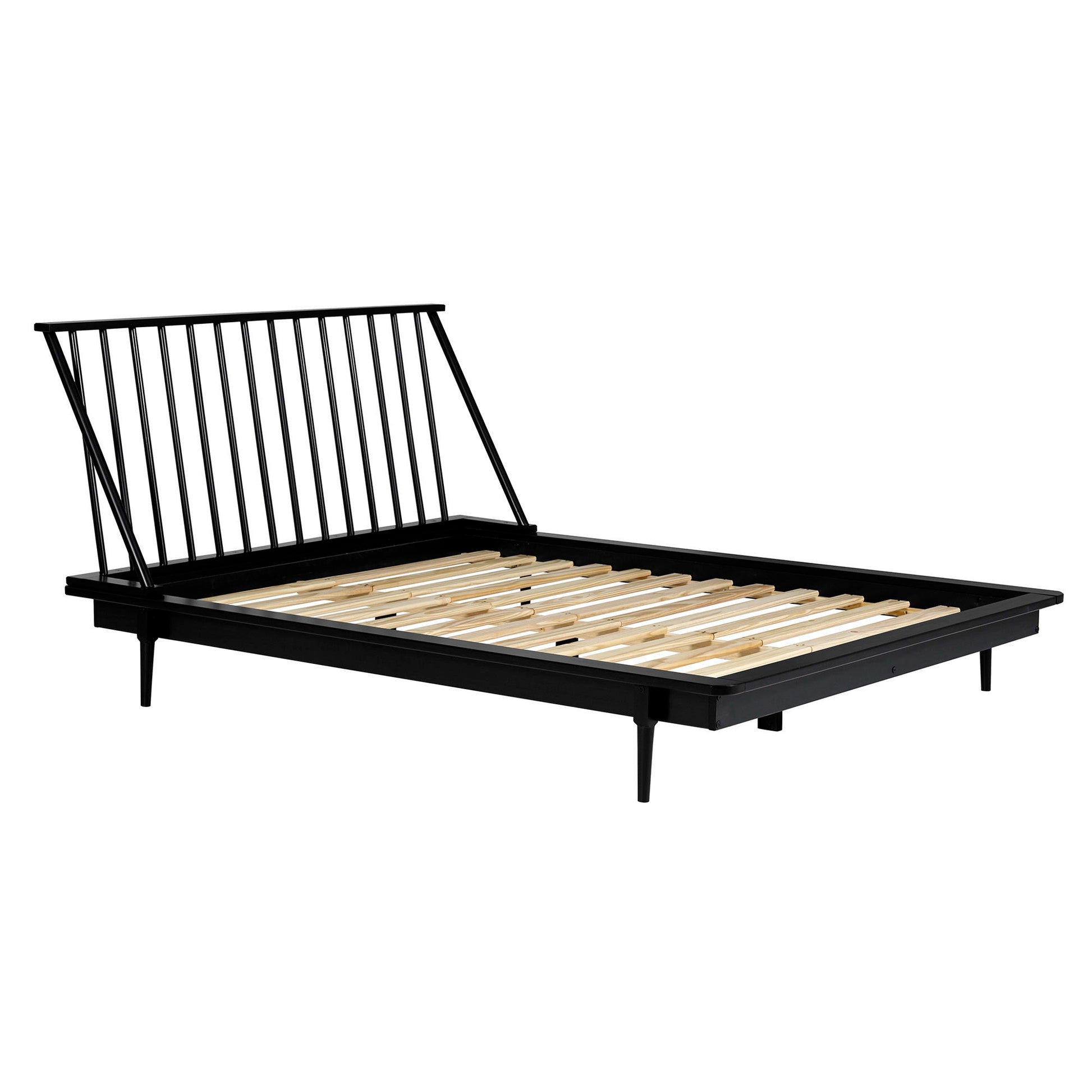 The Mid-Century Modern Solid Wood Platform Bed Frame features a minimalist black design with a spindle headboard, slatted wooden base, and four sturdy legs, blending sleek black metal with light wood for a modern look.