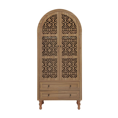 Tall Kitchen Pantry Cabinet With Hollow Carved Doors 2 Drawers And Adjustable Shelves Storage Display Cabinet For Kitchen Dining Room Or Living Room - Walnut
