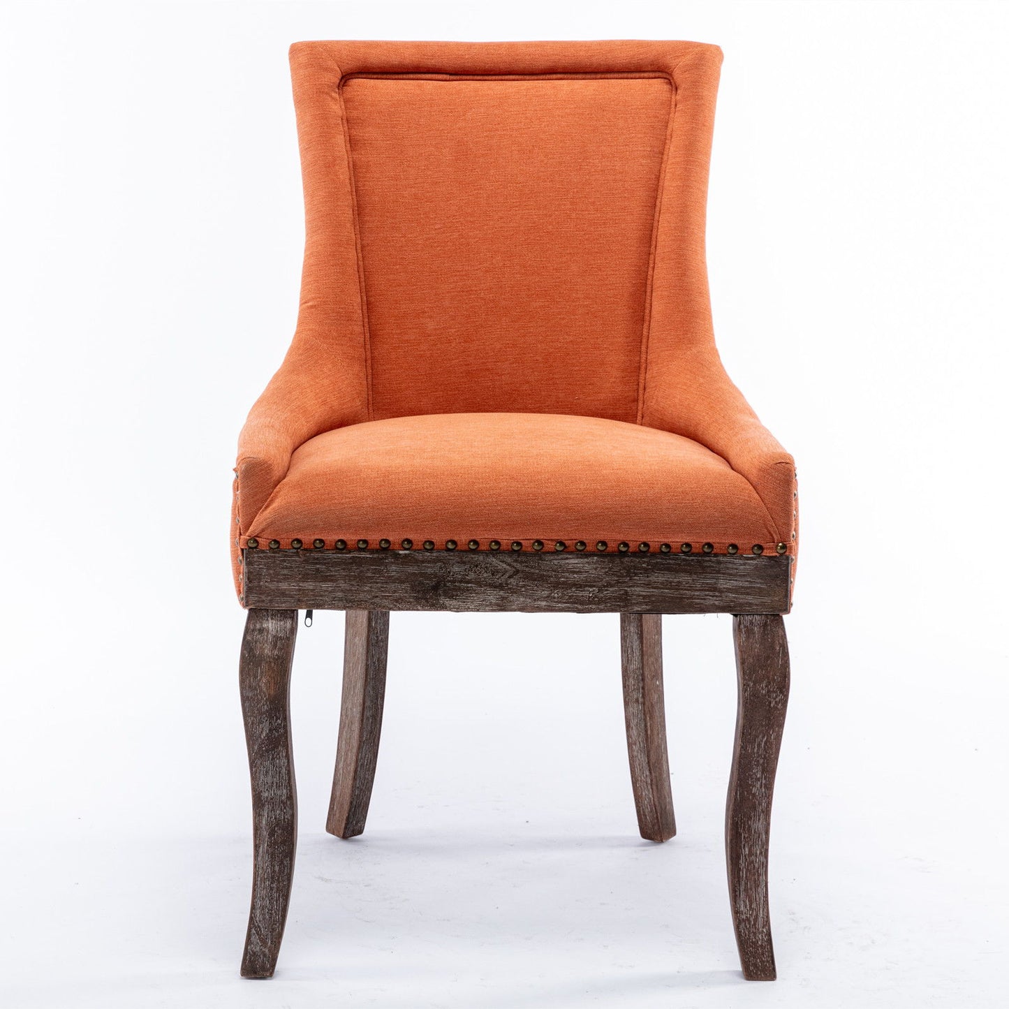Ultra Side Dining Chair set of 2, featuring thickened orange upholstery, high backrests, bronze nailhead trim, and neutrally toned solid wood curved legs, shown against a plain white background.
