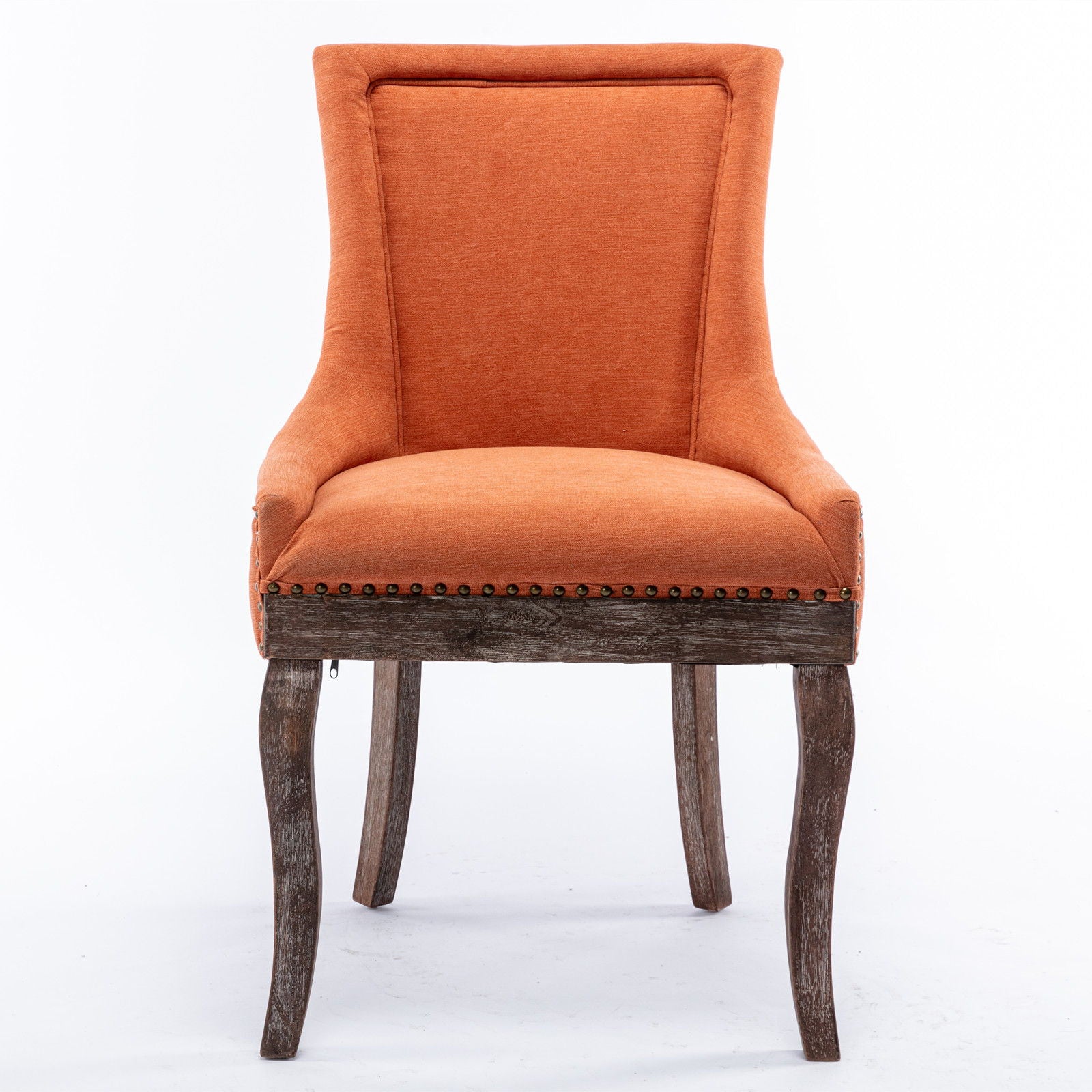 Ultra Side Dining Chair set of 2, featuring thickened orange upholstery, high backrests, bronze nailhead trim, and neutrally toned solid wood curved legs, shown against a plain white background.
