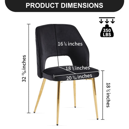 The Velvet Dining Chair with metal legs and hollow back is shown in black, dimensions: height 32 1/16", seat height 18 1/2", width 20 1/4", depth 18 1/2", backrest height 16 1/8". Max weight capacity: 350 lbs.