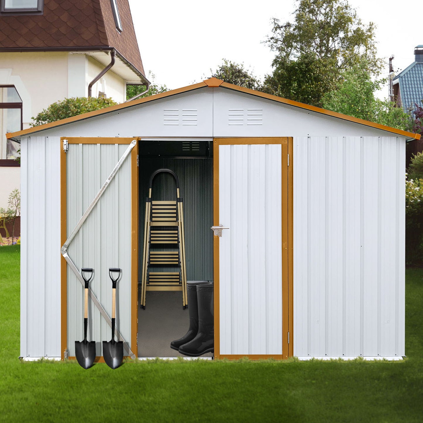 A 10' x 12' Garden Sheds Outdoor Storage Shed with open double doors shows a folded ladder and black rubber boots inside, while two shovels rest against the front. The shed stands on green grass near a house.