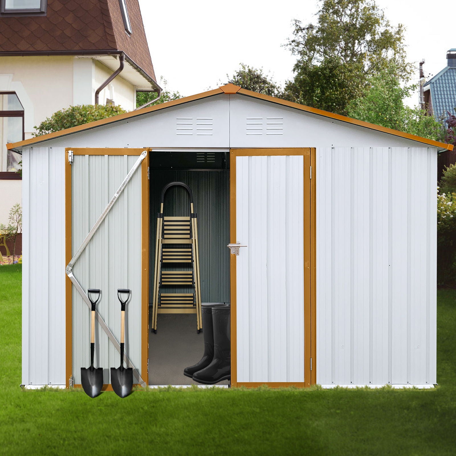 A 10' x 12' Garden Sheds Outdoor Storage Shed with open double doors shows a folded ladder and black rubber boots inside, while two shovels rest against the front. The shed stands on green grass near a house.