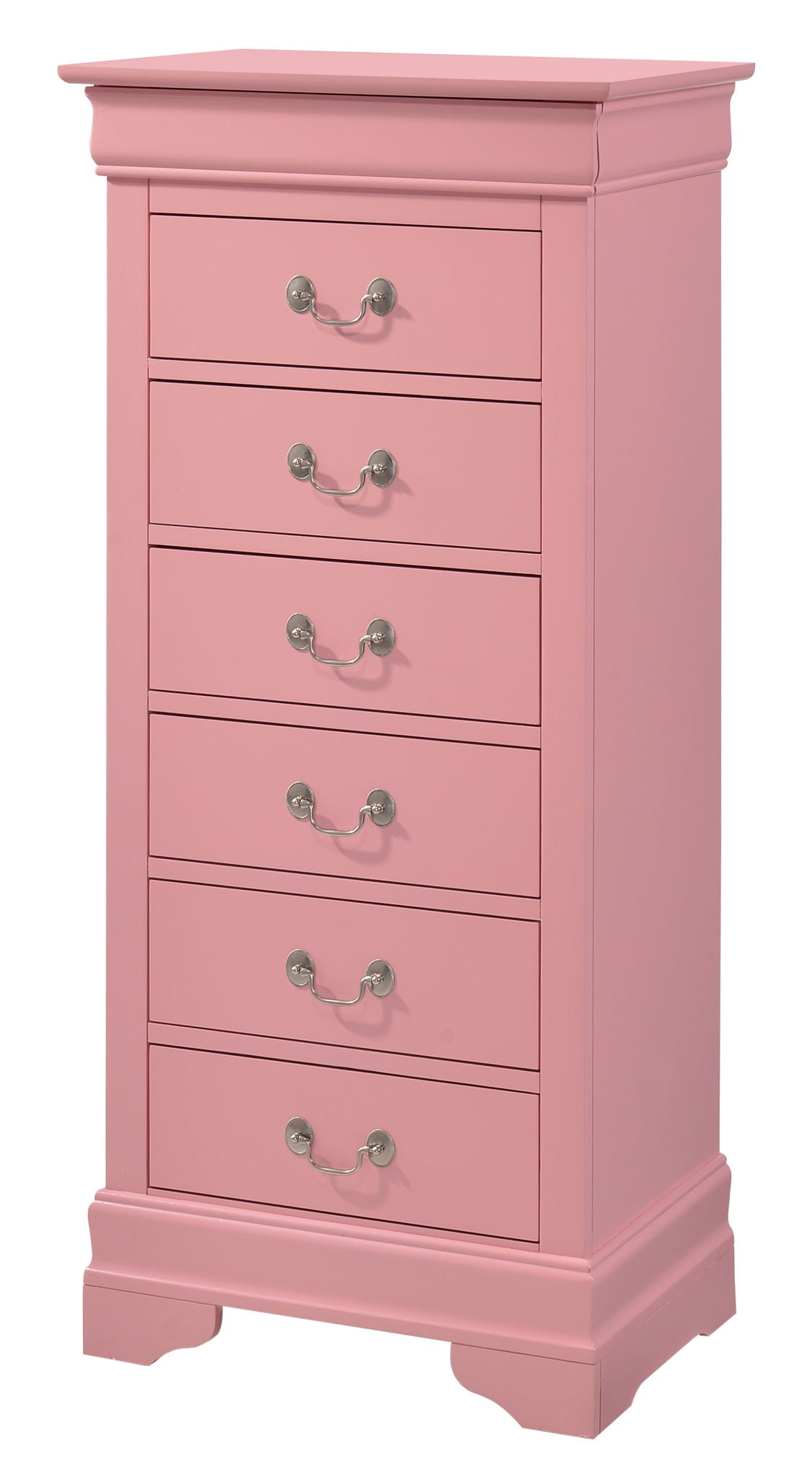 The Traditional Style Lingerie Storage Chest Timeless is a tall, pink wooden dresser with six drawers, silver metal handles, a flat top, and decorative base molding in a classic design.