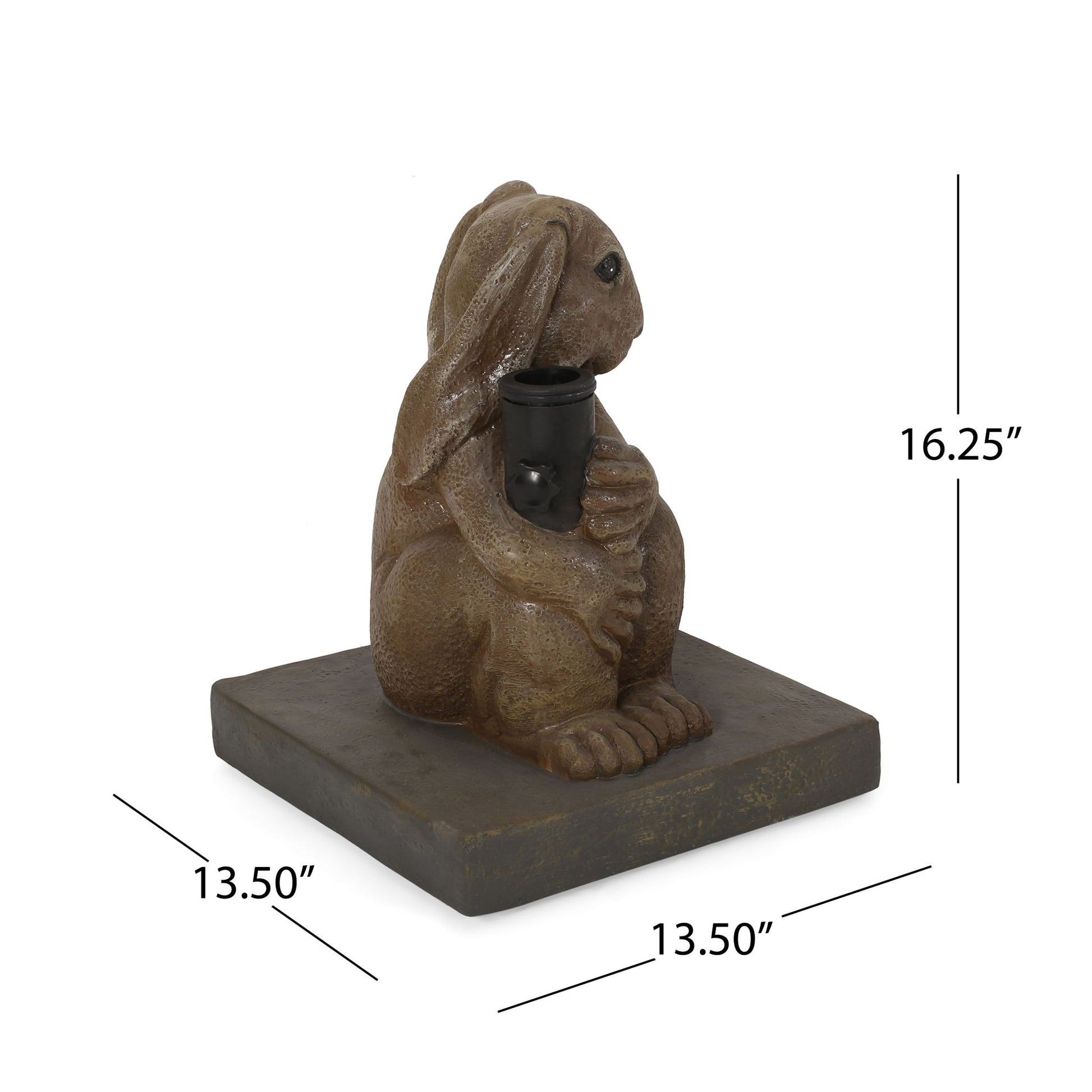 The Hand Crafted Rabbit Umbrella Base With Playful Design - Light Brown features a rabbit statue holding a black cup, seated on a 13.5" x 13.5" square base and standing 16.25" tall. Measurements are indicated with black lines and numbers.