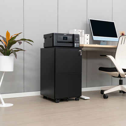 A modern office features a black printer on the 2 Drawer File Cabinet With Lock, a desk with a computer, a white chair, and a potted plant on a stand against a gray wall and light wood floor.