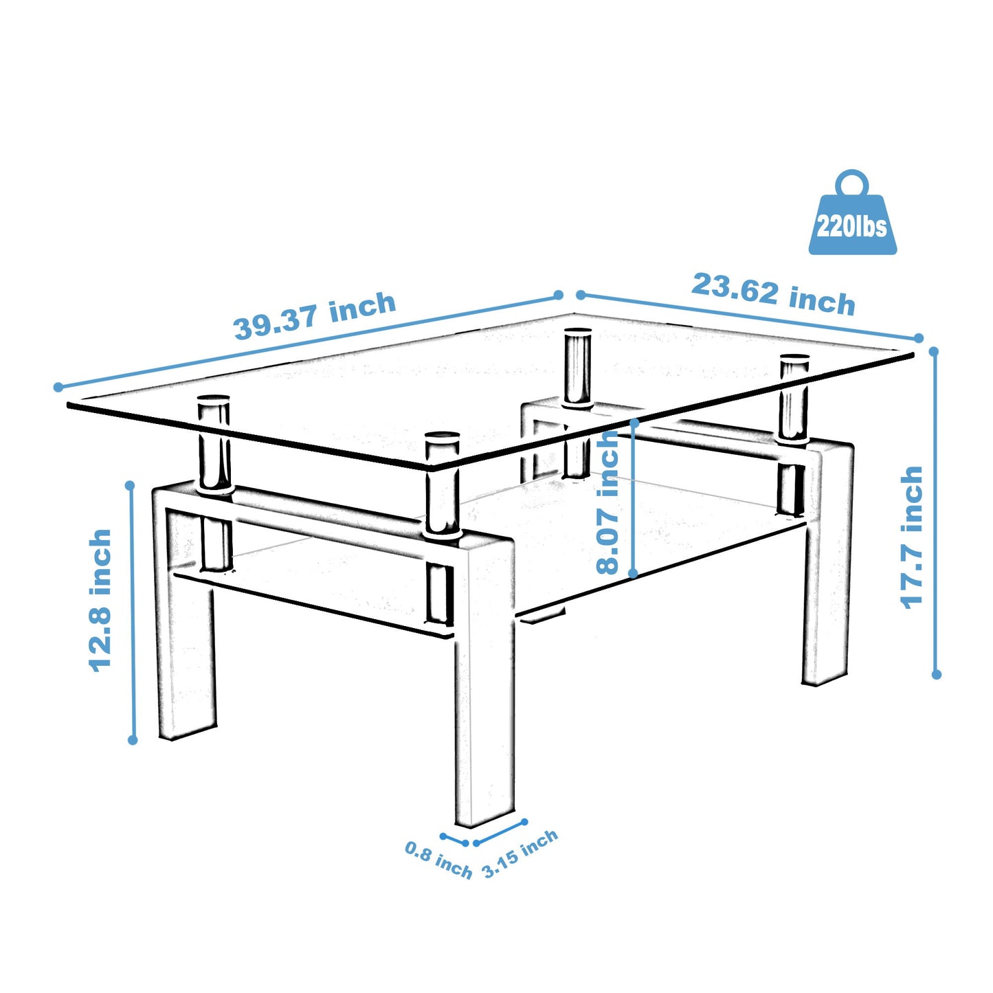 Line drawing of the Rectangle Coffee Table with measurements: 39.37"L x 23.62"W x 17.7"H, legs 12.8" and 8.07" tall, width between legs 0.8"-3.45", and a weight capacity of 220 lbs shown.