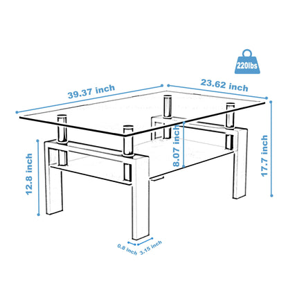 Line drawing of the Rectangle Coffee Table with measurements: 39.37"L x 23.62"W x 17.7"H, legs 12.8" and 8.07" tall, width between legs 0.8"-3.45", and a weight capacity of 220 lbs shown.