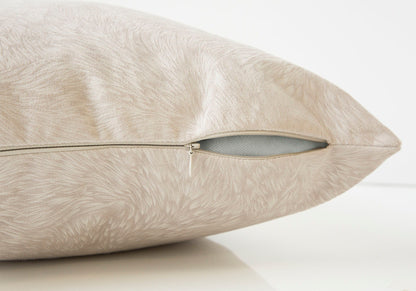Close-up of a beige Modern Square Decorative Throw Pillow with a subtle leaf pattern and partially open zipper revealing the white hypoallergenic insert. Plain, light-colored background. Insert included.