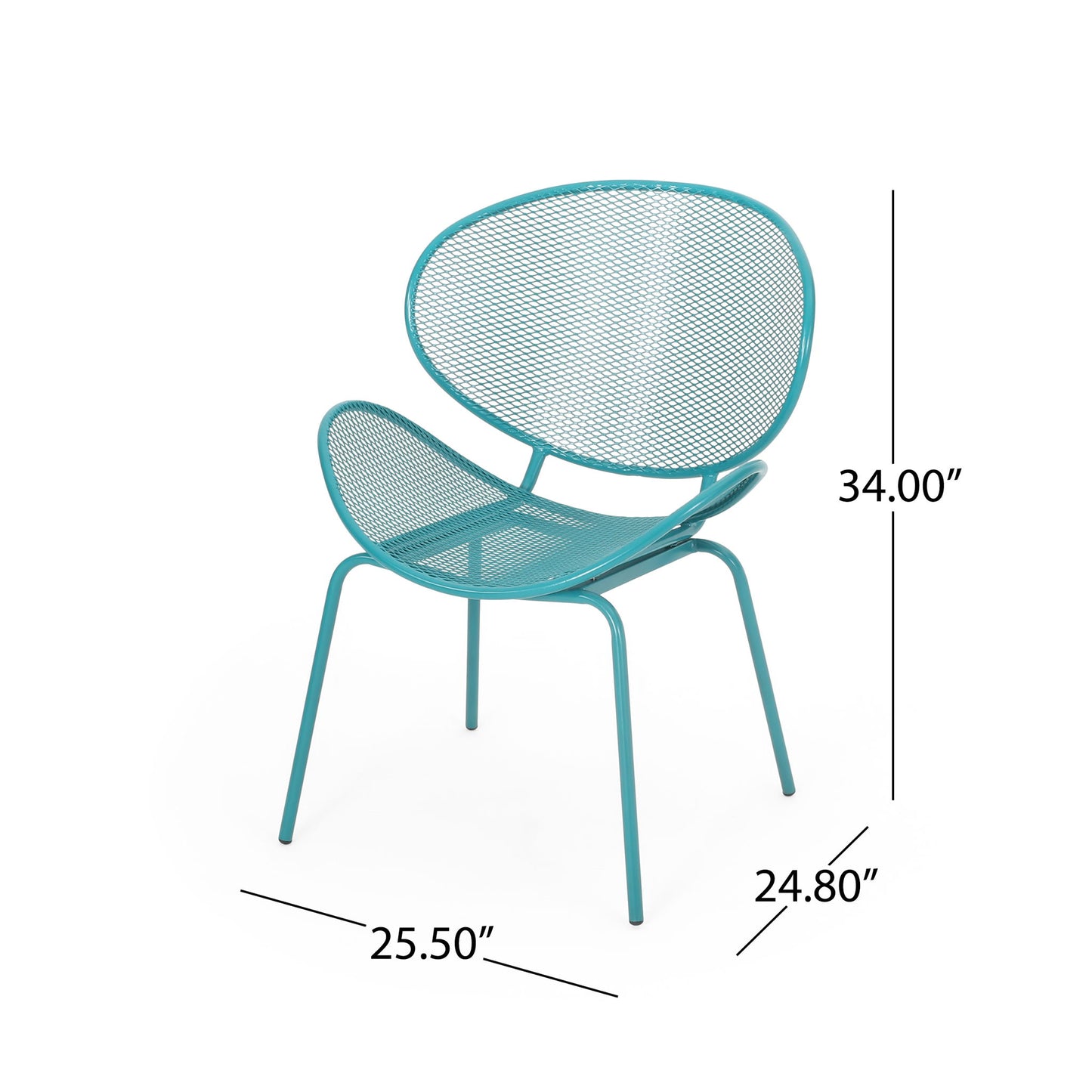The Elba Contemporary Chair, designed for outdoor relaxation, features a turquoise metal frame with mesh seat and backrest, four legs, and measures 34" tall, 25.5" deep, and 24.8" wide.