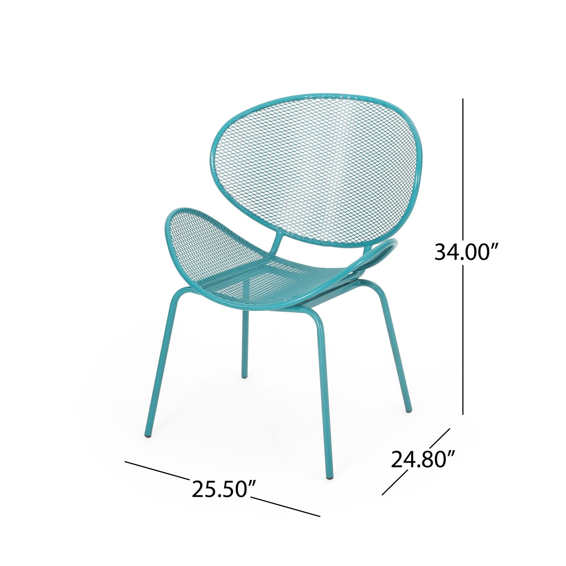 The Elba Contemporary Chair, designed for outdoor relaxation, features a turquoise metal frame with mesh seat and backrest, four legs, and measures 34" tall, 25.5" deep, and 24.8" wide.