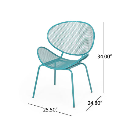 The Elba Contemporary Chair, designed for outdoor relaxation, features a turquoise metal frame with mesh seat and backrest, four legs, and measures 34" tall, 25.5" deep, and 24.8" wide.