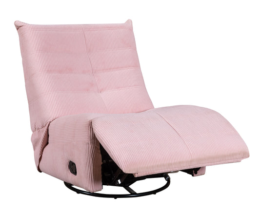 The Georgena - Contemporary Swivel Glider Recliner is a pink chair with a corduroy pattern, partially extended footrest, and swivel base, shown from the front-right angle.