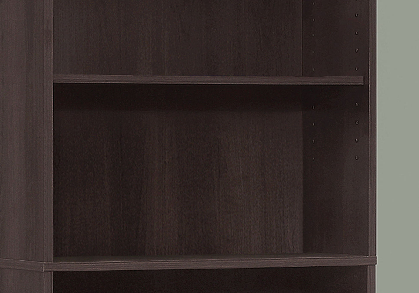 A close-up of the 6 tier transitional office bookshelf bookcase, dark brown with two visible shelves, set against a light gray background.