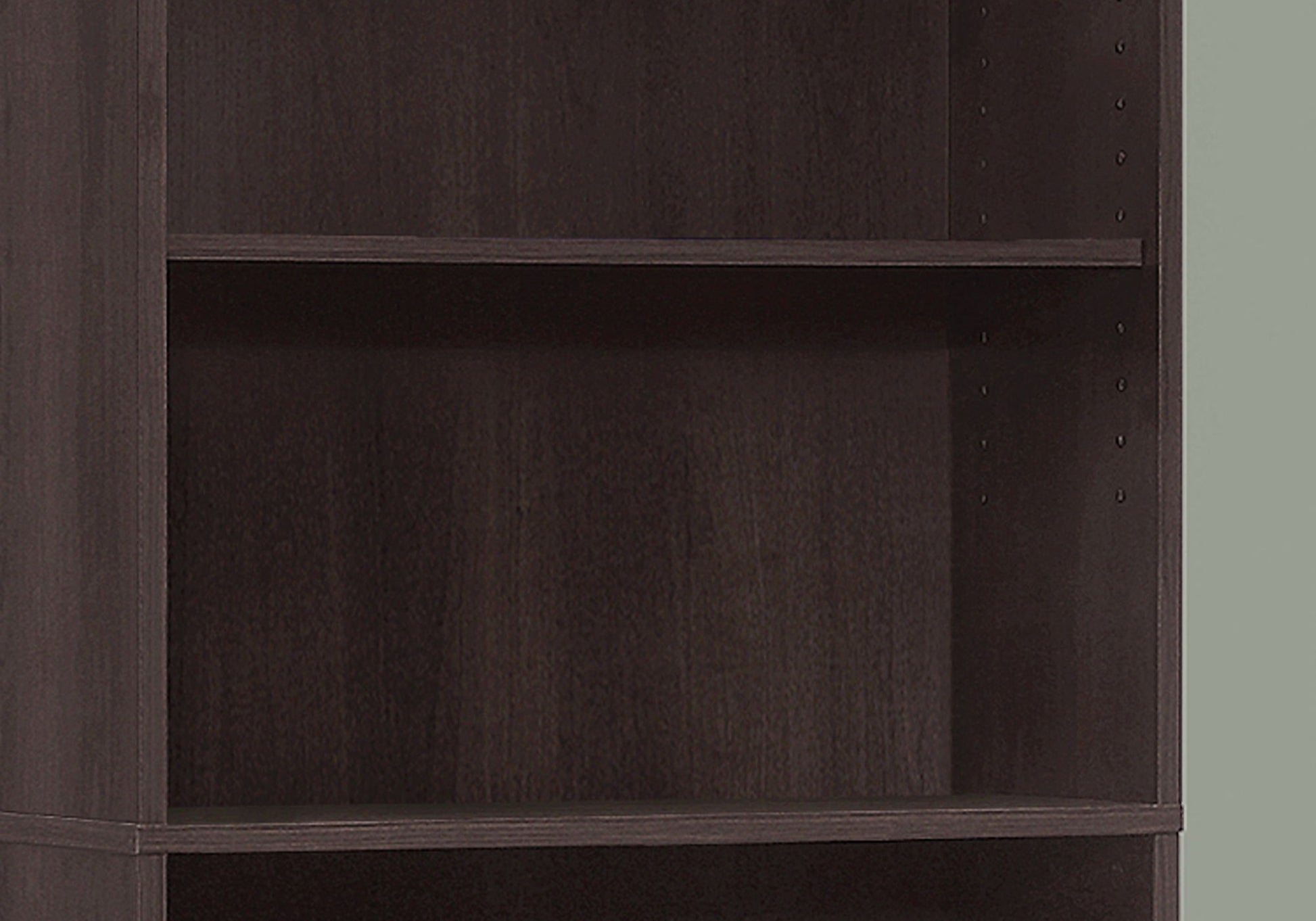 A close-up of the 6 tier transitional office bookshelf bookcase, dark brown with two visible shelves, set against a light gray background.