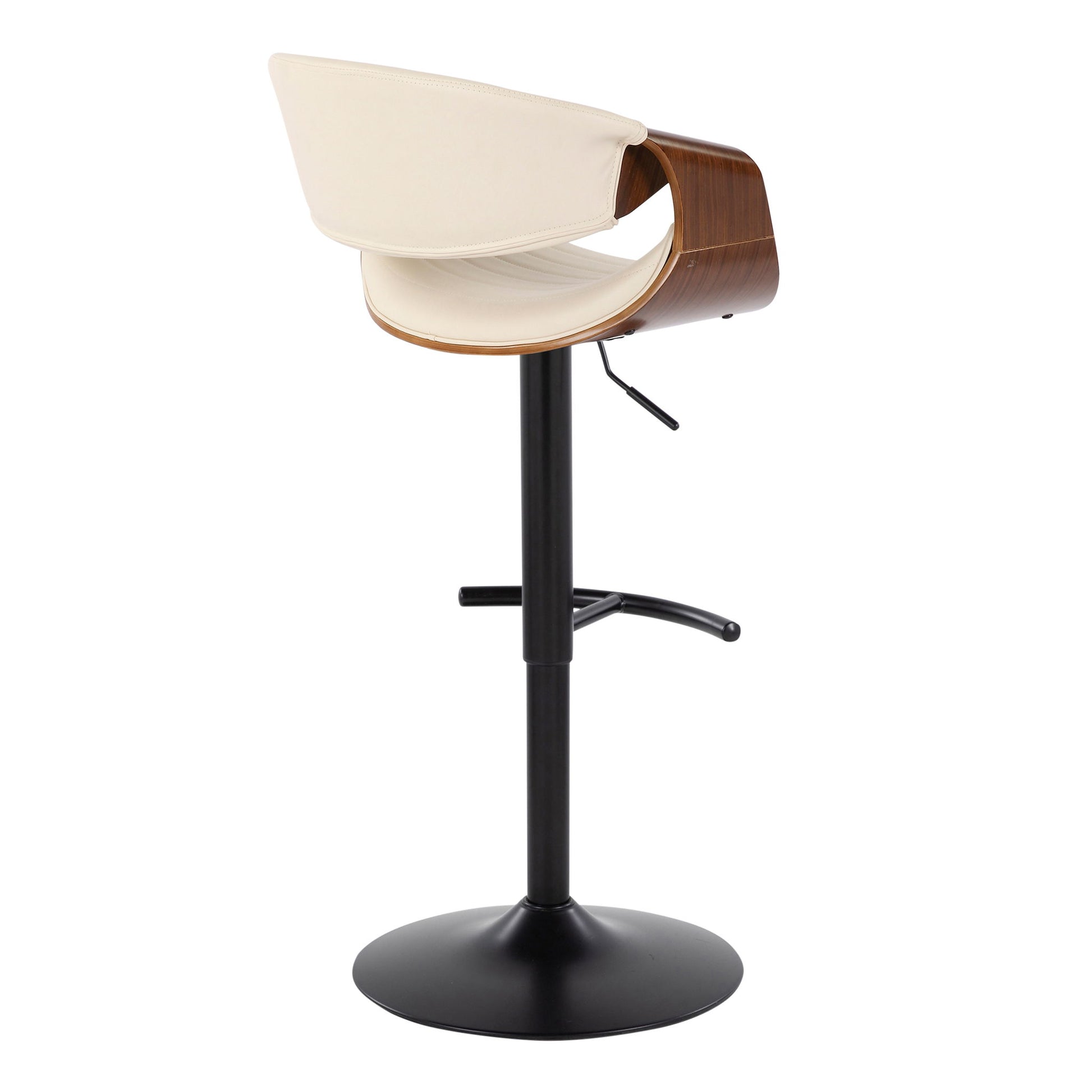 The Symphony Mid Century Modern Adjustable Barstool features a curved wooden backrest, cream cushioned seat and back, black metal base, swivel function, and a rounded T footrest, shown from the back (Set of 2).