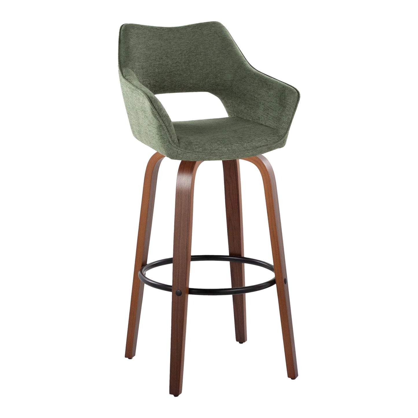 The Mustang barstool set features a contemporary design with a green upholstered swivel seat, curved backrest, wooden legs, and a round black metal footrest (set of 2).