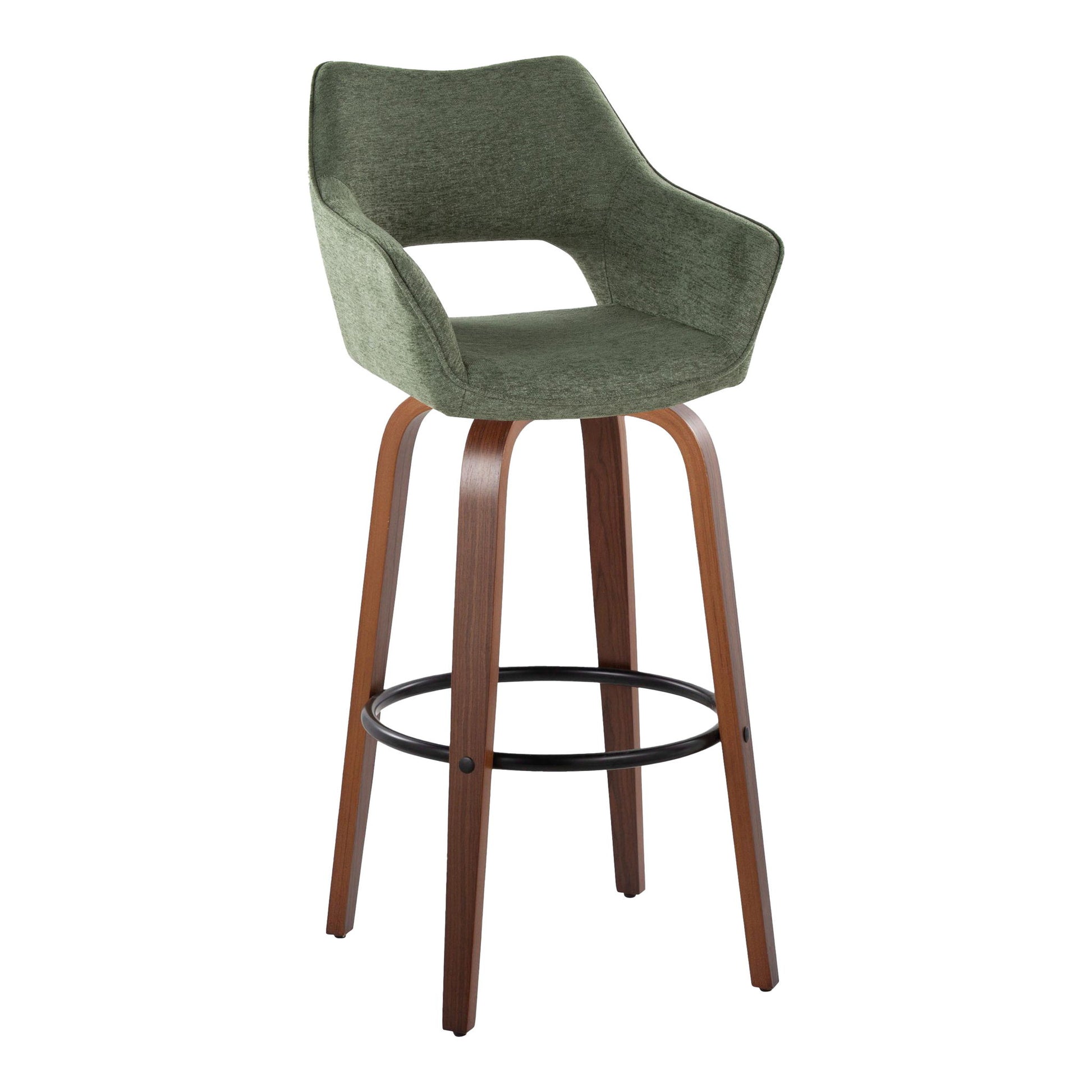 The Mustang barstool set features a contemporary design with a green upholstered swivel seat, curved backrest, wooden legs, and a round black metal footrest (set of 2).