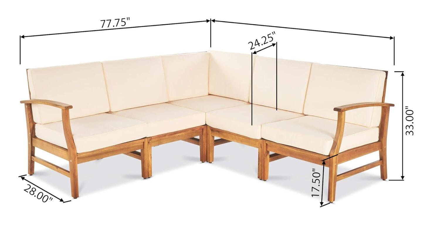 The Perla - 6 Pieces Sofa Set features a wooden sectional with cream cushions, shown at an angle. Dimensions: 77.75” W x 28” D x 33” H, seat height 17.5”, backrest depth 24.25”.