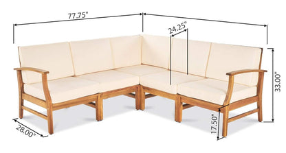 The Perla - 6 Pieces Sofa Set features a wooden sectional with cream cushions, shown at an angle. Dimensions: 77.75” W x 28” D x 33” H, seat height 17.5”, backrest depth 24.25”.