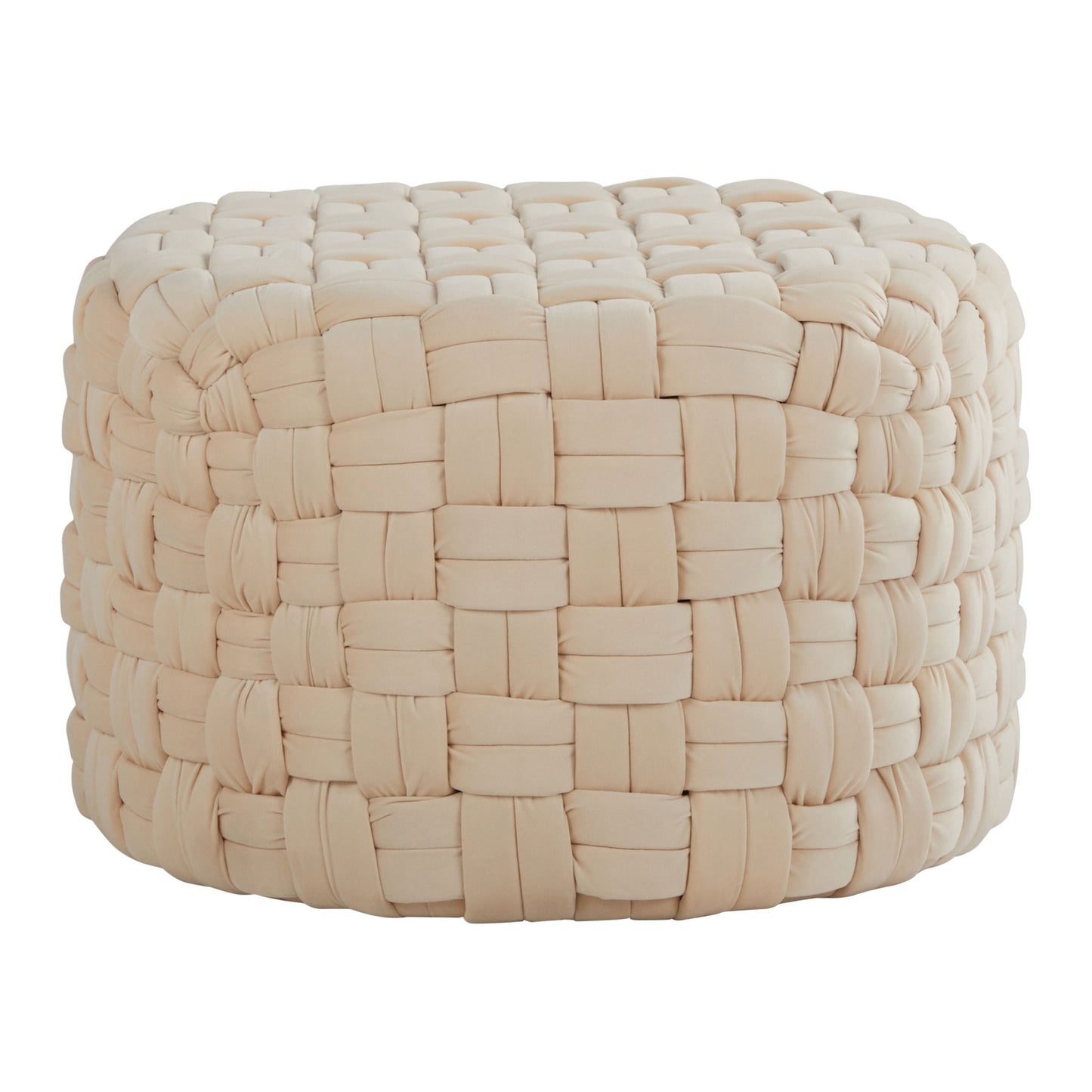 The Braided - Versatile Round Ottoman features a beige woven fabric with a chunky basket weave pattern and plush cushioning, shown against a white background.