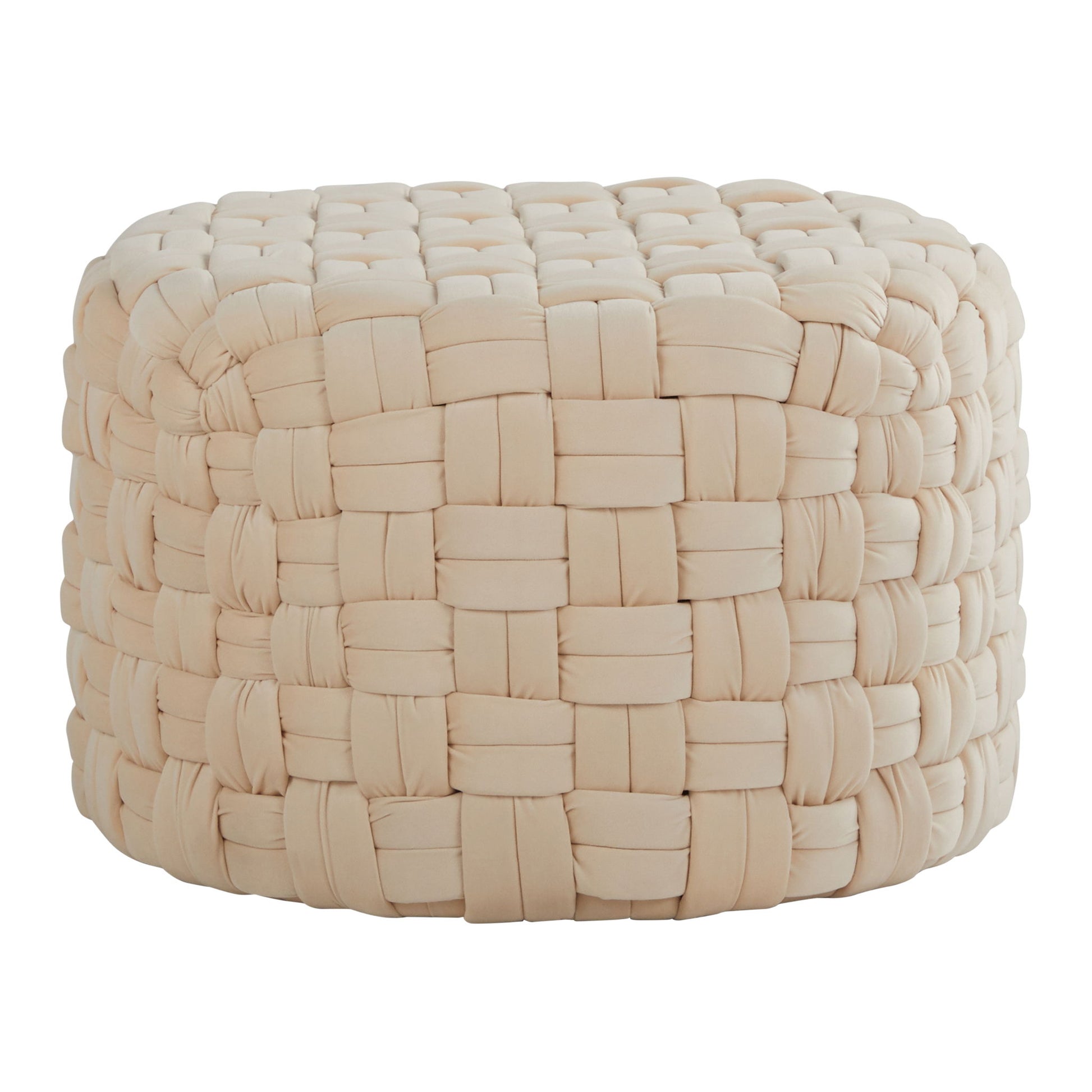 The Braided - Versatile Round Ottoman features a beige woven fabric with a chunky basket weave pattern and plush cushioning, shown against a white background.