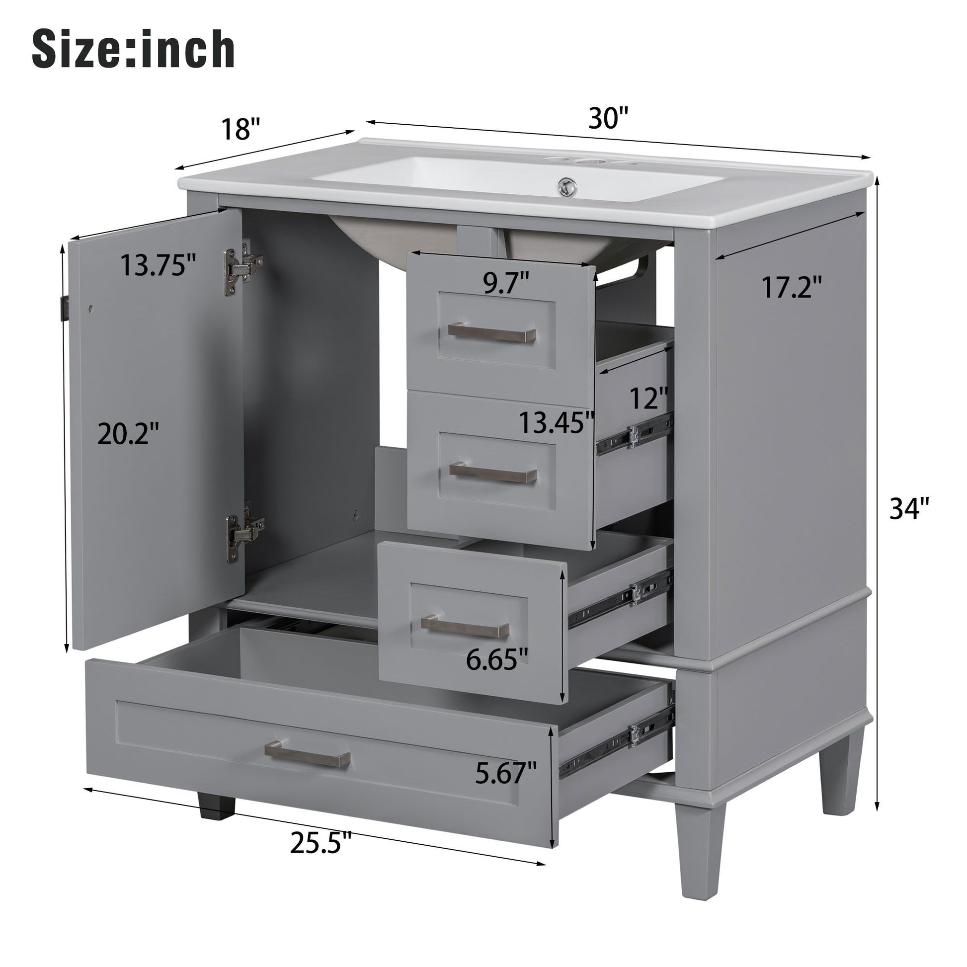 A gray Bathroom Vanity (34"H x 30"W x 18"D) features a solid wood frame, white sink, soft-closing door cabinet, and 3 drawers—all storage compartments open for display. This Modern Bathroom Cabinet With Sink Combo Set adds style and organization.