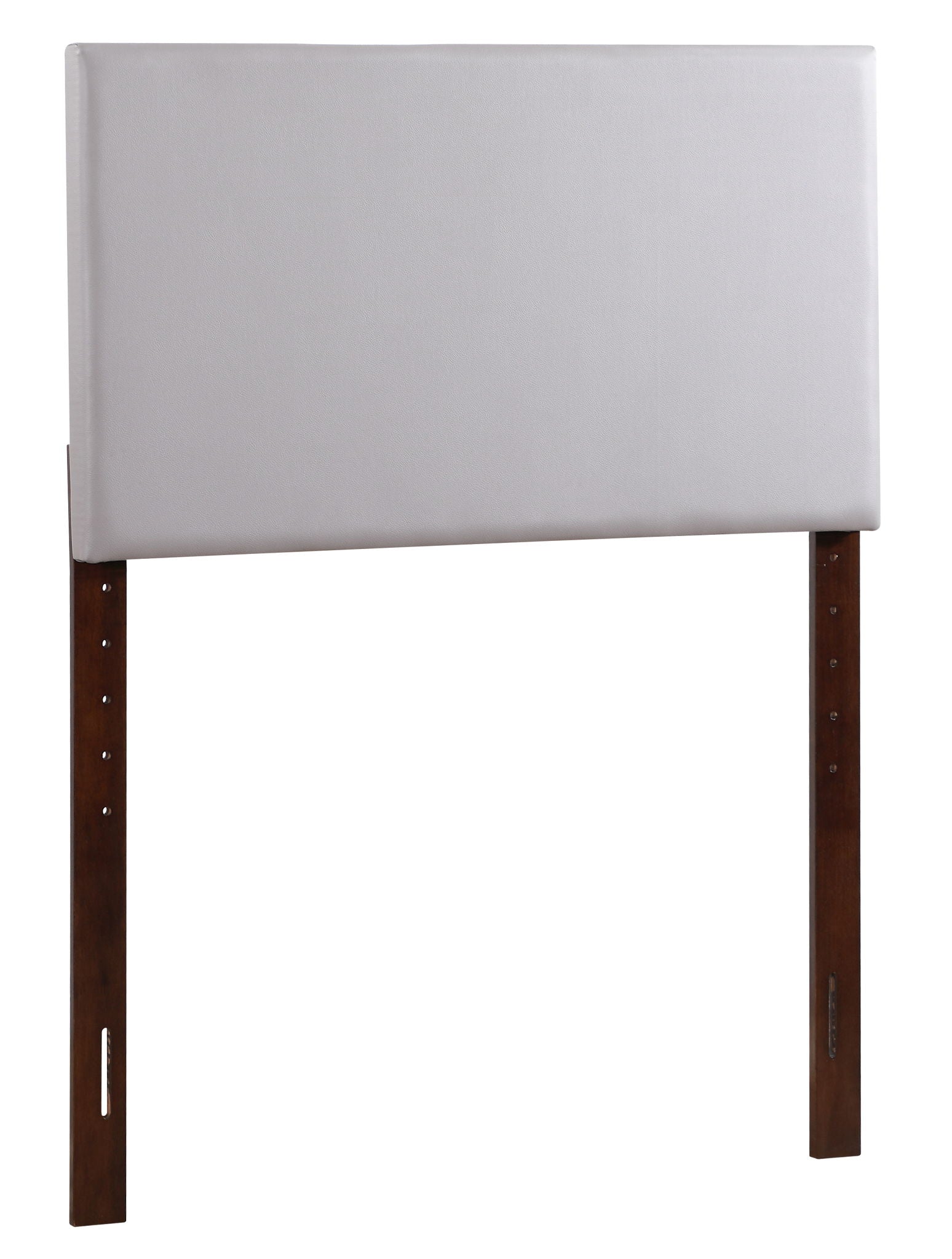 Nova - Headboard: A rectangular upholstered light gray headboard with two dark wooden legs and adjustable height holes, isolated on a white background.