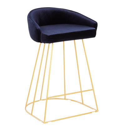 The Canary - Contemporary Counter Stool (Set of 2) features plush dark blue velvet seats, curved backrests, and sleek gold metal legs with a geometric open-frame design.