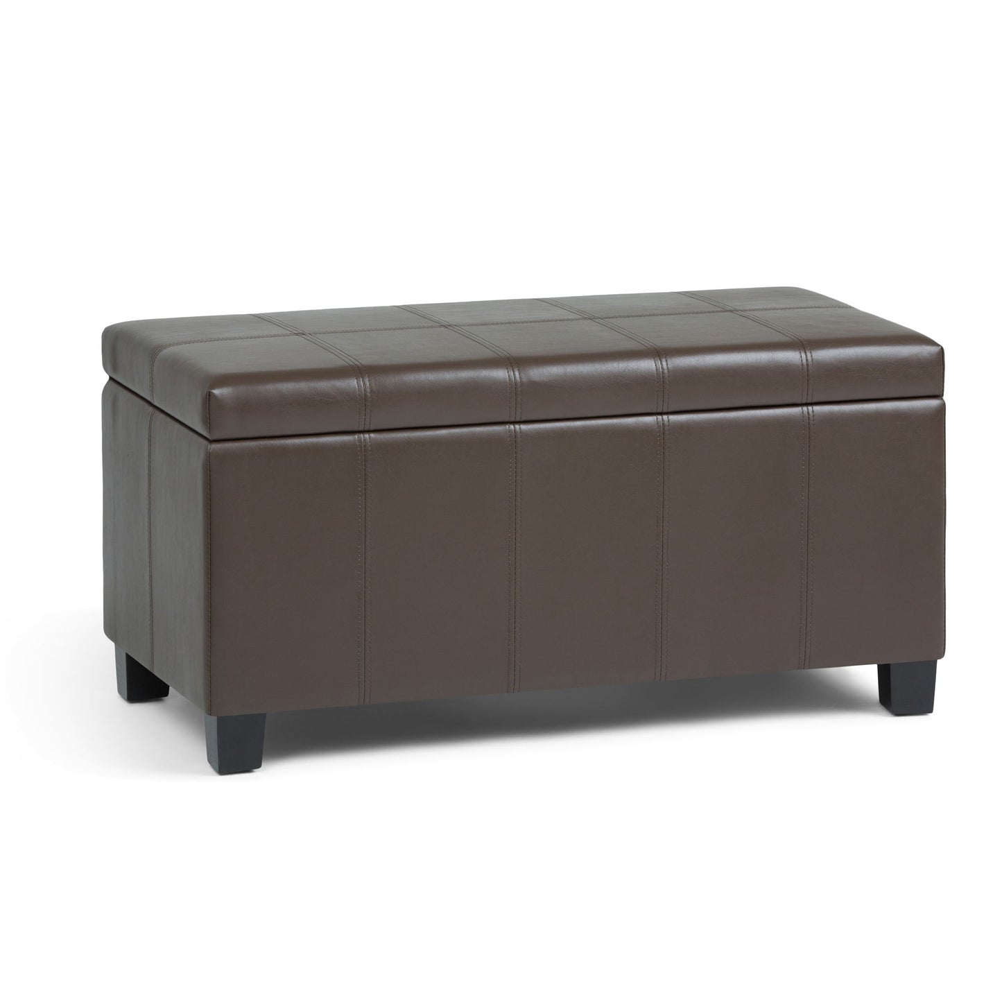 The Dover Upholstered Storage Ottoman Bench is a rectangular brown ottoman with a cushioned top, visible stitching, four short black legs, and hidden storage space inside.