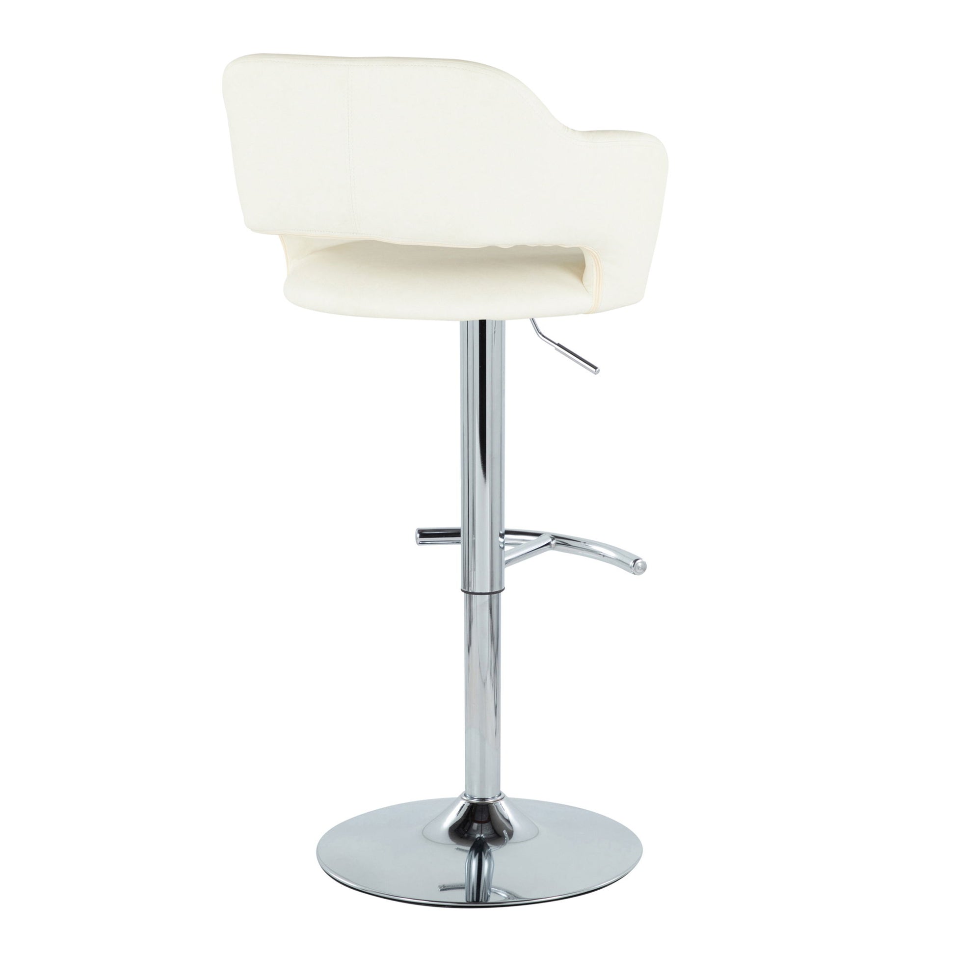 The Margarite Contemporary Adjustable Barstool features a white cushioned seat and backrest, chrome pedestal base, rounded T footrest, swivel function, and height adjustment lever. Shown from the back. Set of 2.
