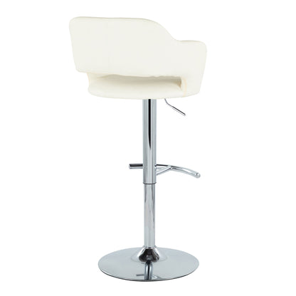 The Margarite Contemporary Adjustable Barstool features a white cushioned seat and backrest, chrome pedestal base, rounded T footrest, swivel function, and height adjustment lever. Shown from the back. Set of 2.