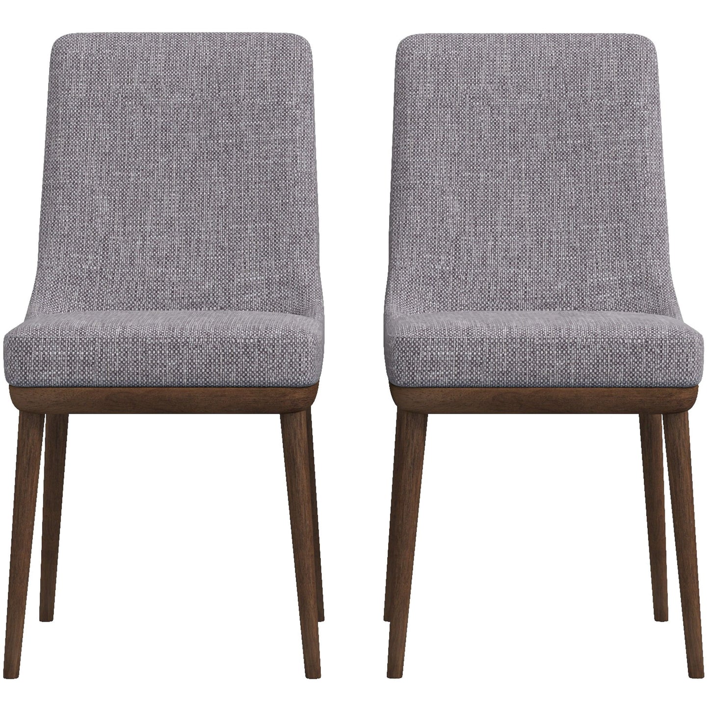 The Kate Mid-Century Modern Dining Chair set includes two chairs with gray upholstered seats and backs, featuring wooden legs and frames, arranged side by side on a plain white background.