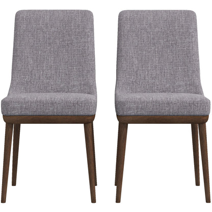 The Kate Mid-Century Modern Dining Chair set includes two chairs with gray upholstered seats and backs, featuring wooden legs and frames, arranged side by side on a plain white background.