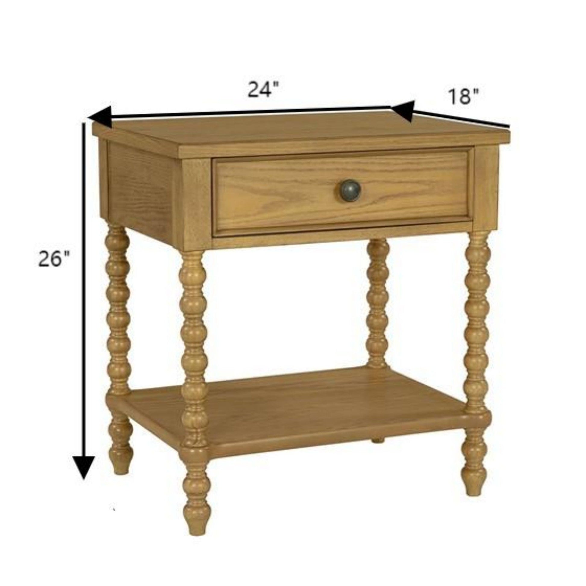 The Traditional Durable Nightstand Table With Drawer And Shelf features spiral turned legs, a single drawer, and a lower shelf. It measures 24" wide, 18" deep, and 26" high with arrows showing its dimensions.