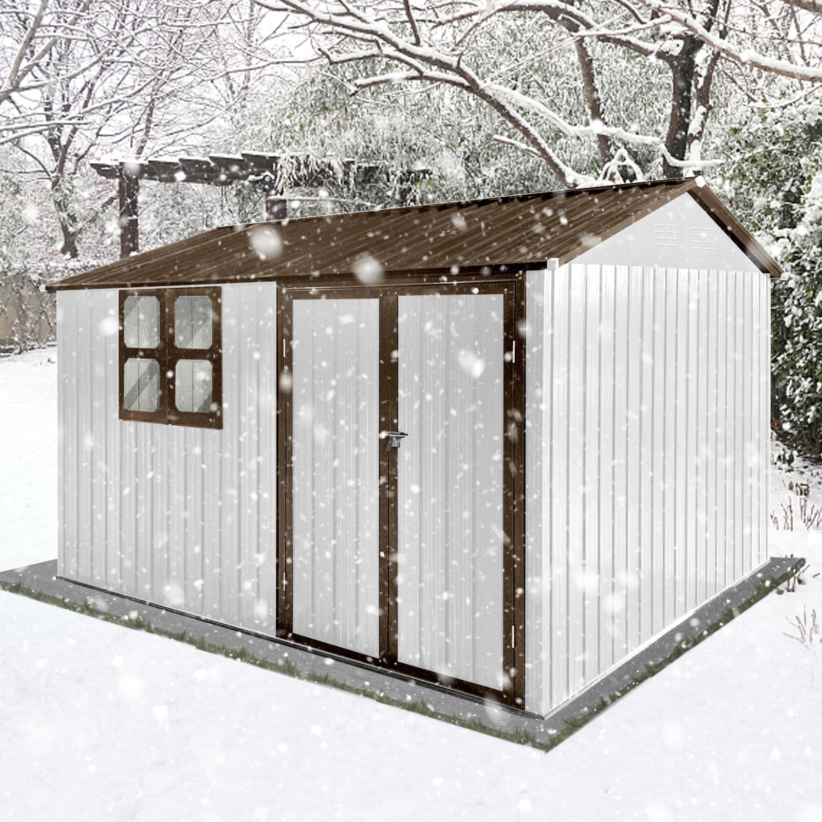A 10' x 8' Garden Shed with a window stands on a concrete slab in a snow-covered yard, featuring white and brown metal double doors, surrounded by trees and falling snow.