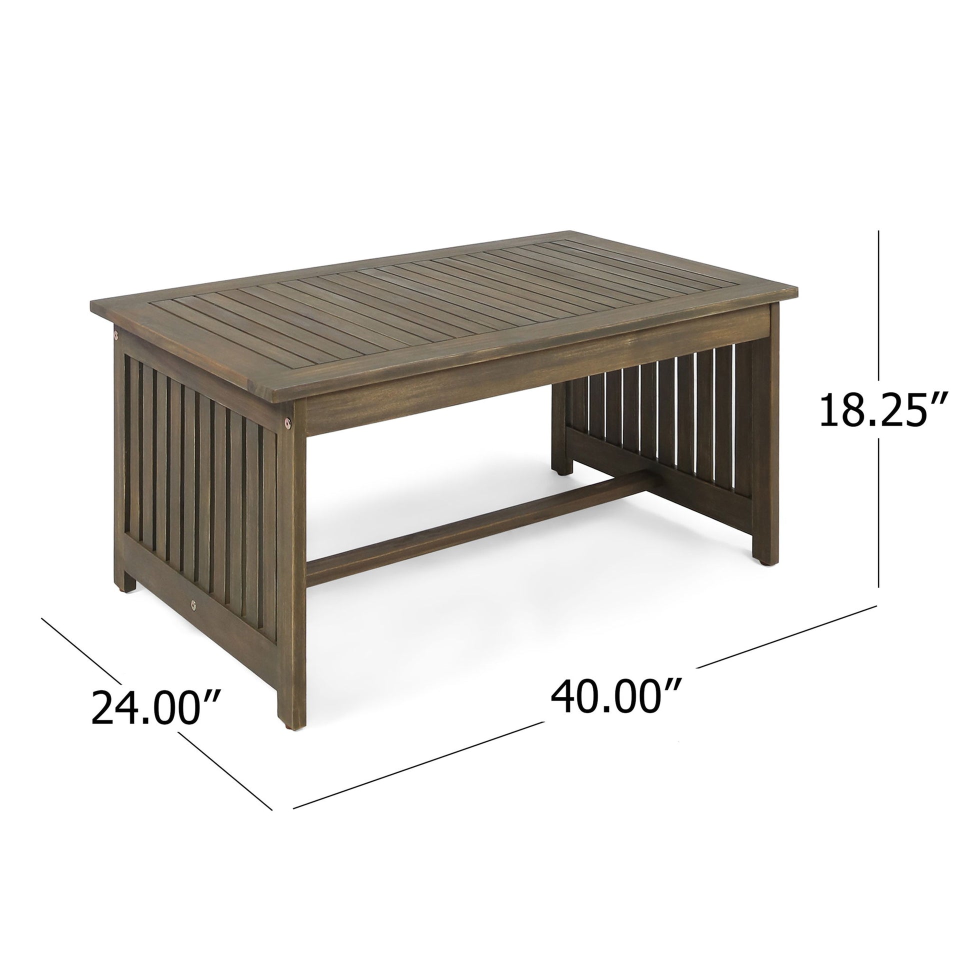Acacia Wood Rectangular Patio Coffee Table For Outside features a slatted top and sides, measuring 40"W x 24"D x 18.25"H.