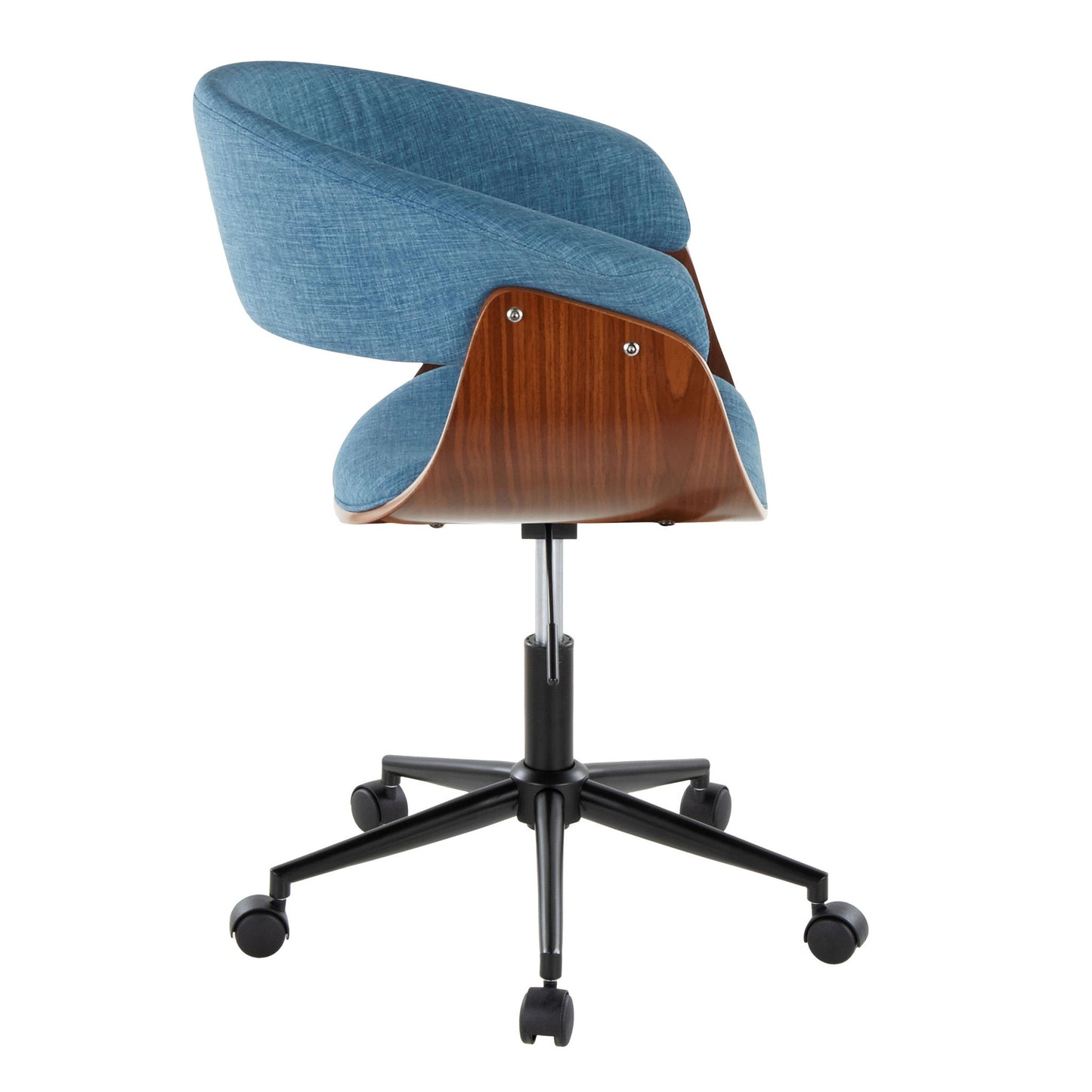 The Vintage Mod - Mid Century Modern Office Chair features a curved blue cushioned seat, wooden backrest detailing, and a black five-wheel swivel base, shown in a side view.