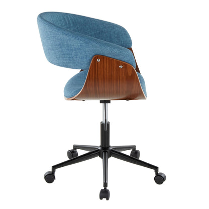 The Vintage Mod - Mid Century Modern Office Chair features a curved blue cushioned seat, wooden backrest detailing, and a black five-wheel swivel base, shown in a side view.