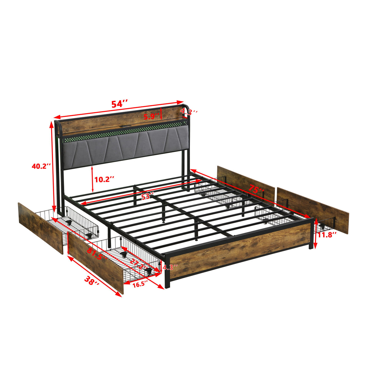 Modern Bed Frame With LED Lights, Upholstered Headboard, USB Charging