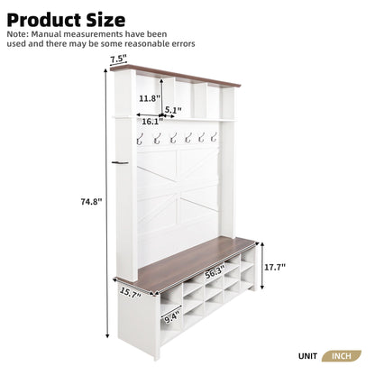 4 In 1 Hall Tree With 6 Hooks, Entryway Bench With Adjustable Shelves - White