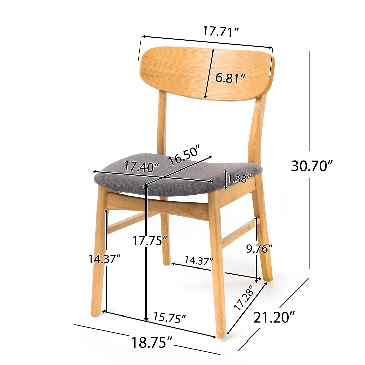 The Brilliantine Dining Chair With Cushion And Wood Frame (Set of 2) is shown with a curved backrest, cushioned seat, and labeled measurements: overall height 30.70", seat width 17.40", seat depth 16.50", and leg dimensions.