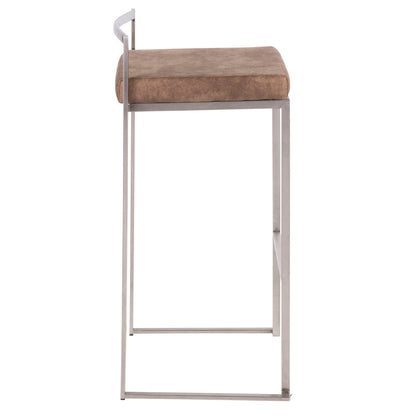 Side view of the Fuji Barstool, featuring a square brown cushioned seat, metal legs, and a minimalistic metal backrest. This stackable stool showcases a contemporary and elegant design.