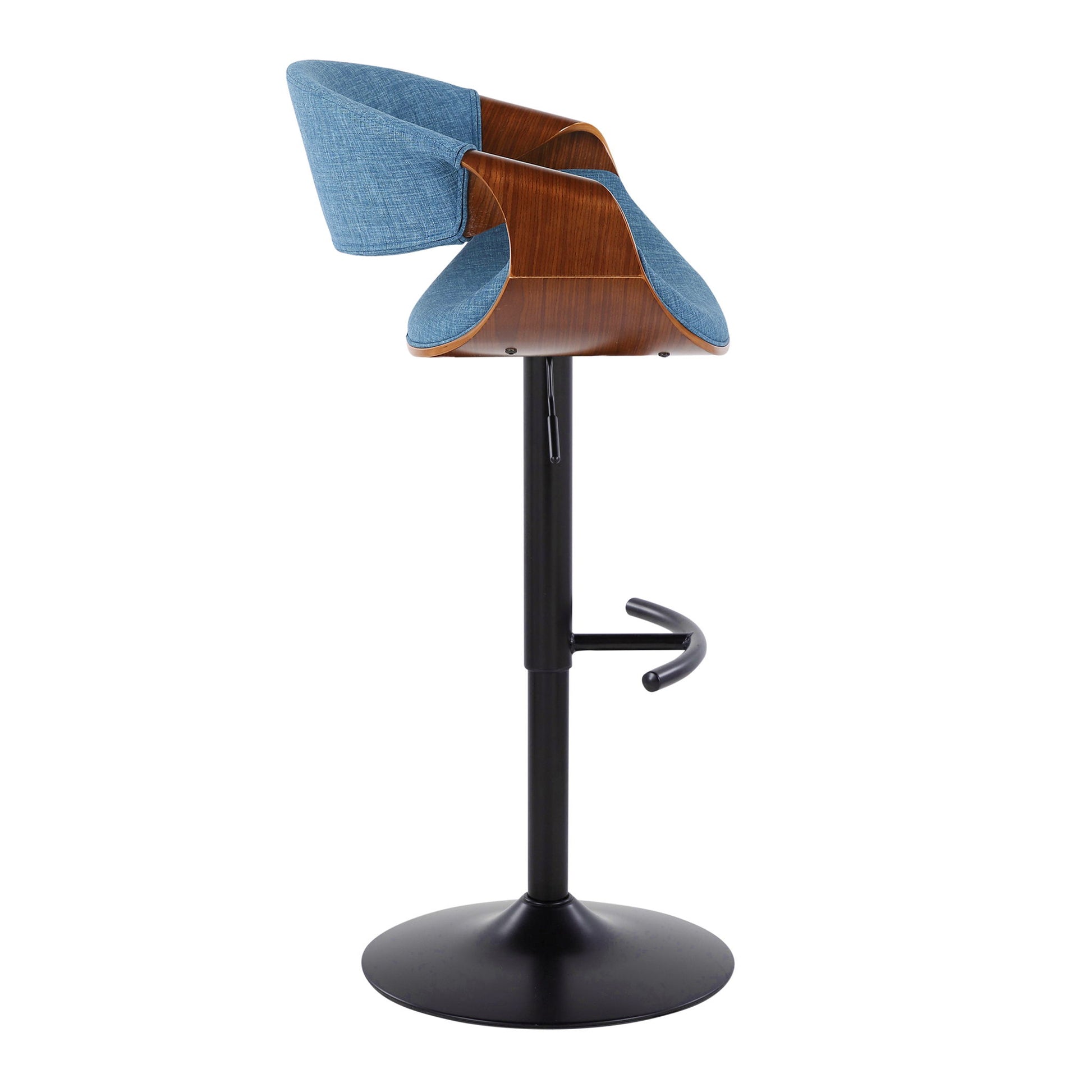The Curvo Mid Century Modern Adjustable Barstool set features swivel seats, blue fabric upholstery, curved wooden backrests, and black metal pedestal bases with rounded T footrests; shown here from a side view.