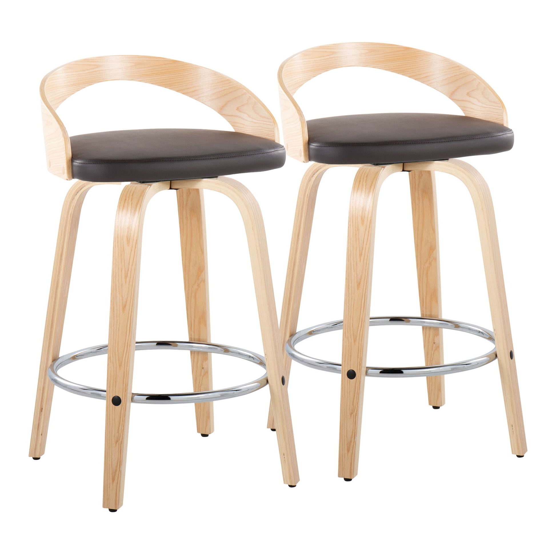 Set of 2 Grotto contemporary fixed height counter stools with swivel, curved backs, light wood legs, round footrests, and dark cushioned seats, shown side by side on a white background.