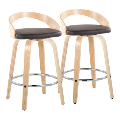 Set of 2 Grotto contemporary fixed height counter stools with swivel, curved backs, light wood legs, round footrests, and dark cushioned seats, shown side by side on a white background.