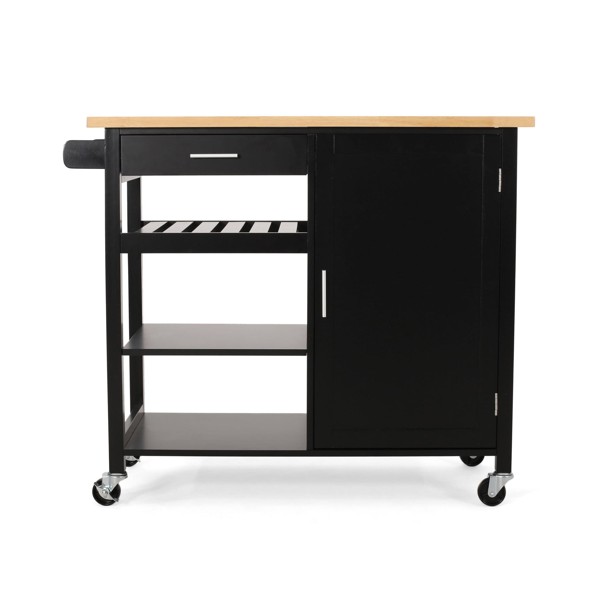 The Contemporary Design Kitchen Cart With Wheels features a black finish, light wood top, one drawer, cabinet, two open shelves, side towel bar, and four caster wheels.