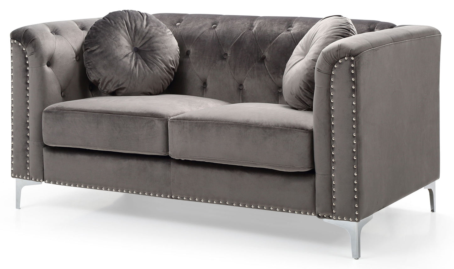 The Stylish Sloped Arm Loveseat features modern gray velvet, a tufted backrest, silver stud trim, slim metal legs, and includes two round matching velvet cushions on each side.