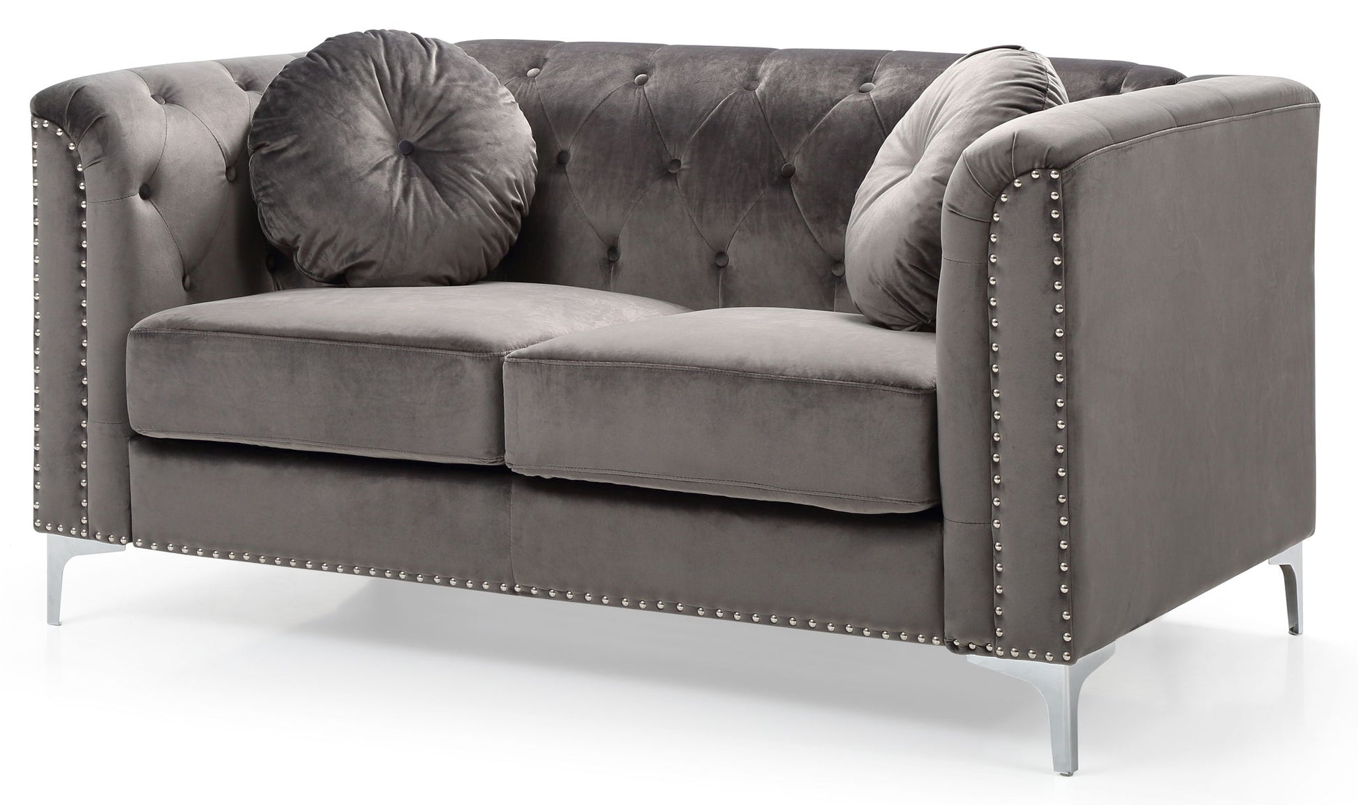 The Stylish Sloped Arm Loveseat features modern gray velvet, a tufted backrest, silver stud trim, slim metal legs, and includes two round matching velvet cushions on each side.